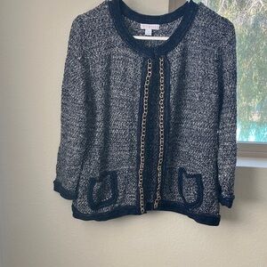 Roz & Ali Navy Tweed Cardigan with Gold Chain
